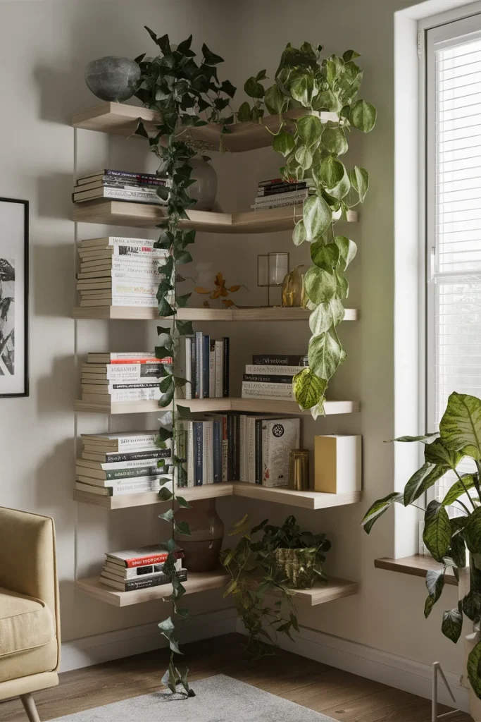 10 Modern Corner Bookshelf with Plants and Books for Your Living Room 3 Floating Corner Bookshelf with Hanging Plants