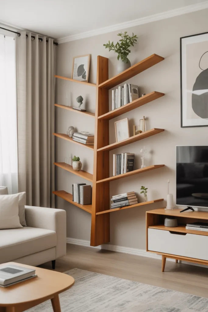 10 Modern Tree Bookshelf Wall Ideas for Cozy Scandinavian Living Rooms | Unique & Functional Design 8 Floating tree bookshelf