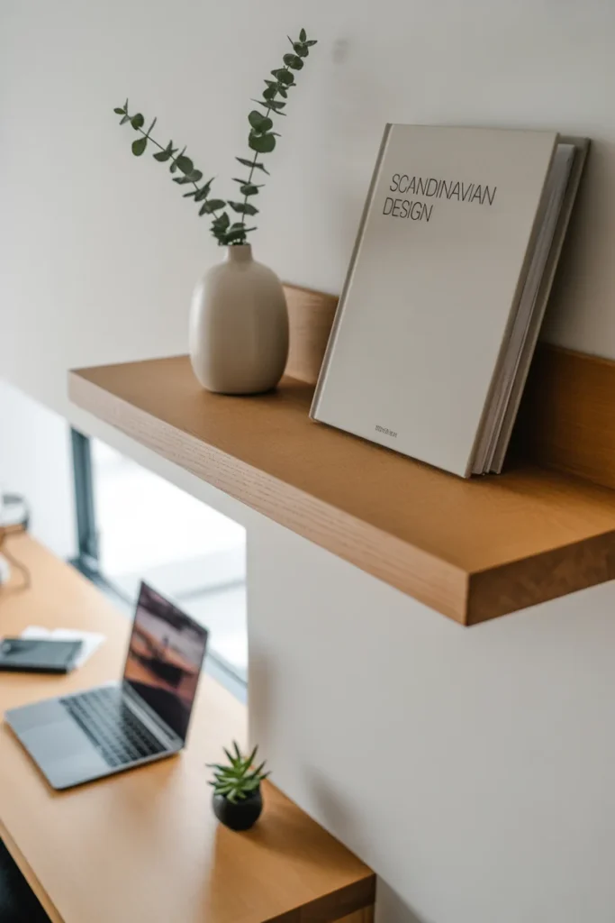 10 Unique & Simple Home Office Desk Styling Ideas 3 Floating wooden shelf above home office desk
