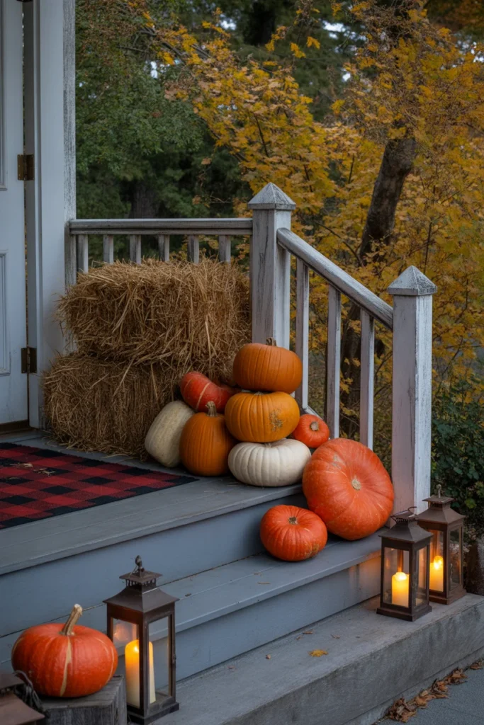 Fall DIY Home Decor Ideas to Warm Up Your Space 11 Front porch decorated for fall with stacked pumpkins