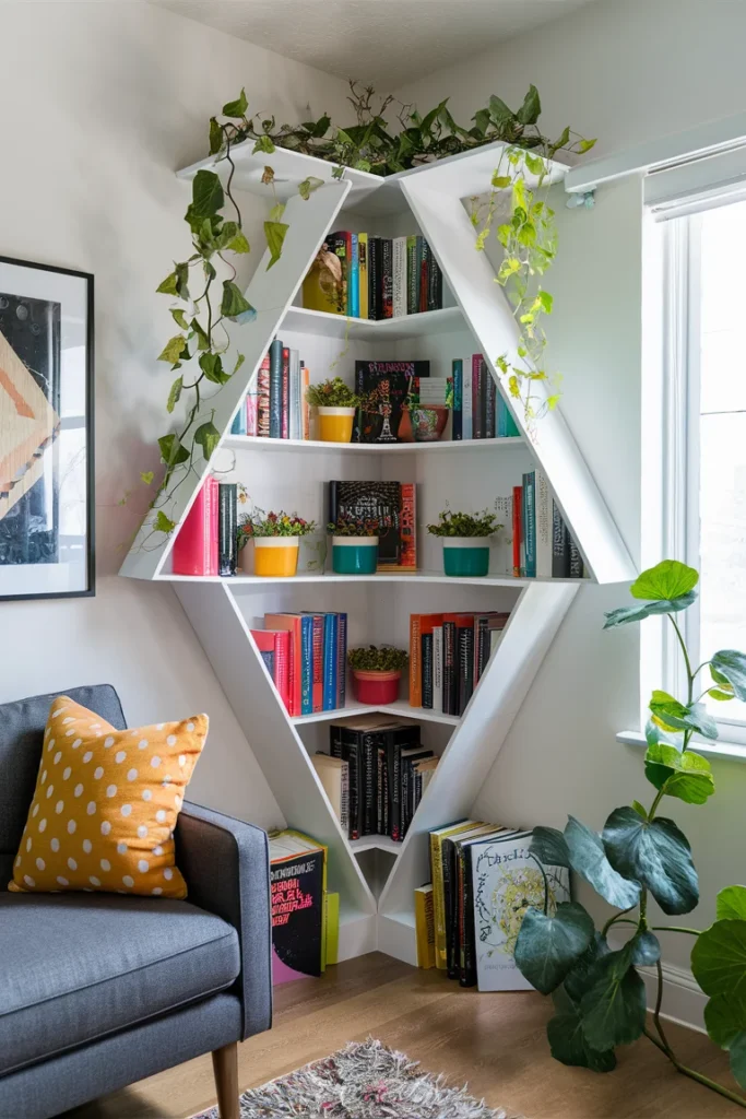 10 Modern Corner Bookshelf with Plants and Books for Your Living Room 9 Geometric Modern Corner Shelf