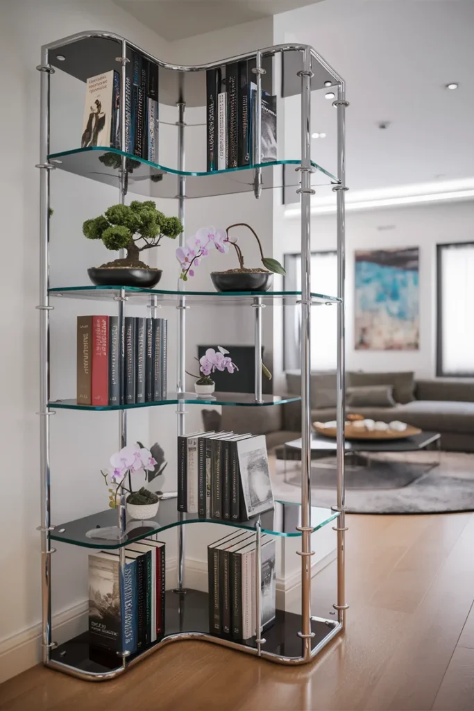 10 Modern Corner Bookshelf with Plants and Books for Your Living Room 7 Glass Corner Bookshelf with Elegant Touch