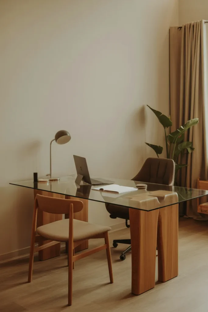 10 Unique & Simple Home Office Desk Styling Ideas 2 Home office with repurposed wooden dining table as desk