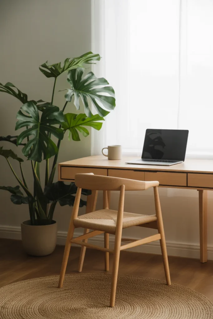 10 Unique & Simple Home Office Desk Styling Ideas 4 Home office with single monstera plant beside desk