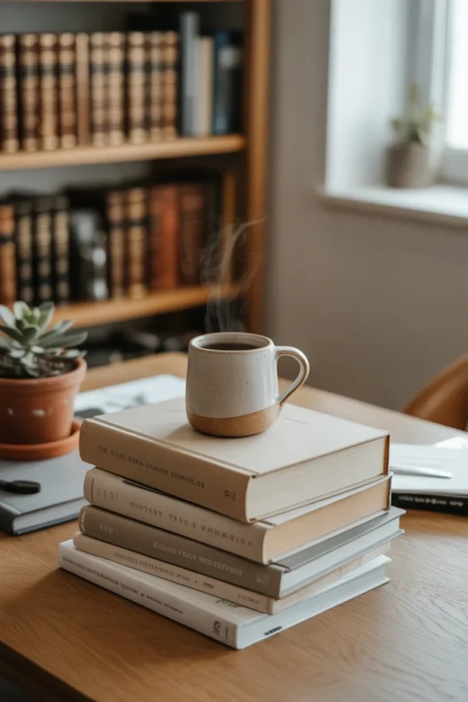 10 Unique & Simple Home Office Desk Styling Ideas 9 Home office with stack of neutral toned books