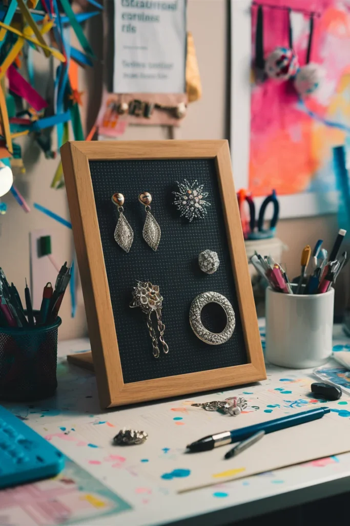17+ Clever DIY Jewelry Storage Ideas to Keep Your Collection Tangle-Free 12 Illustrate a framed magnetic board on a desk