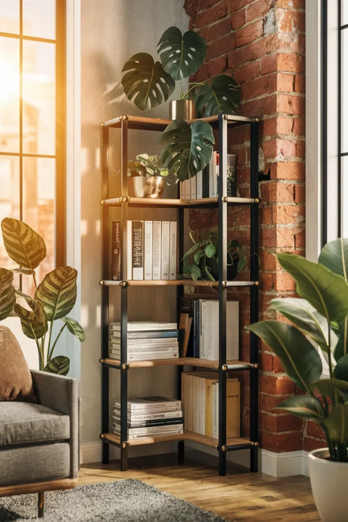 10 Modern Corner Bookshelf with Plants and Books for Your Living Room 4 Industrial Metal Corner Unit with Greenery