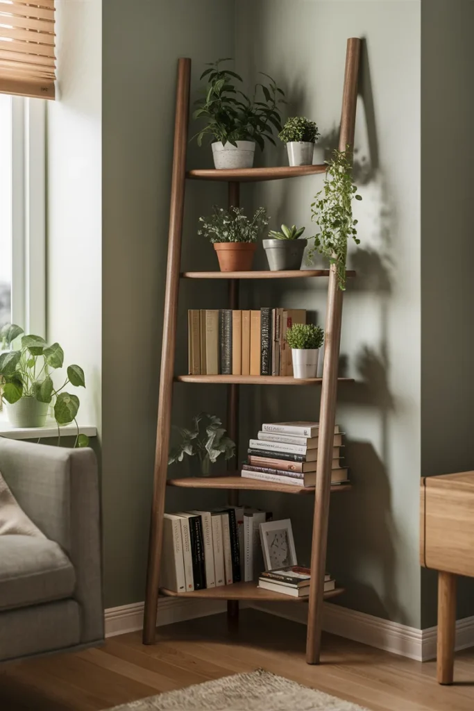 10 Modern Corner Bookshelf with Plants and Books for Your Living Room 5 Ladder Style Corner Bookshelf with Herbs