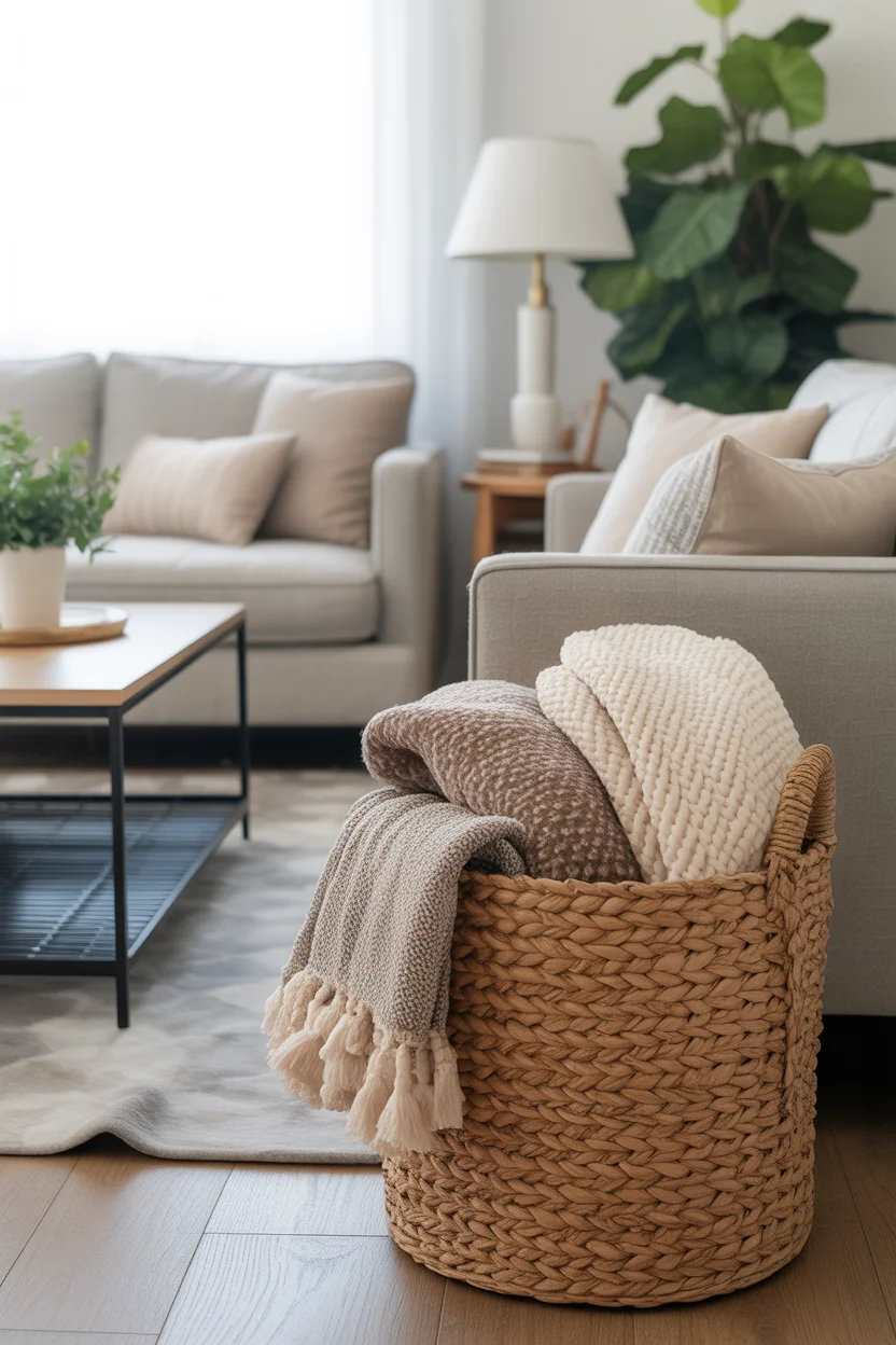 Living room corner with a jute basket
