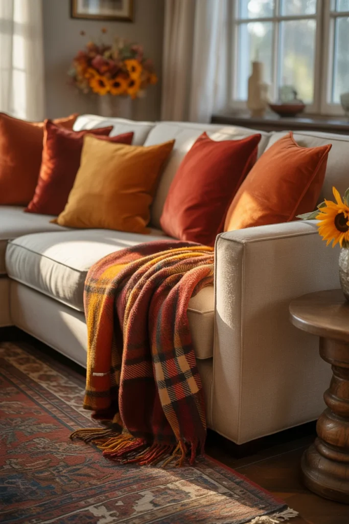 Fall DIY Home Decor Ideas to Warm Up Your Space 6 Living room sofa decorated with cozy throw pillows