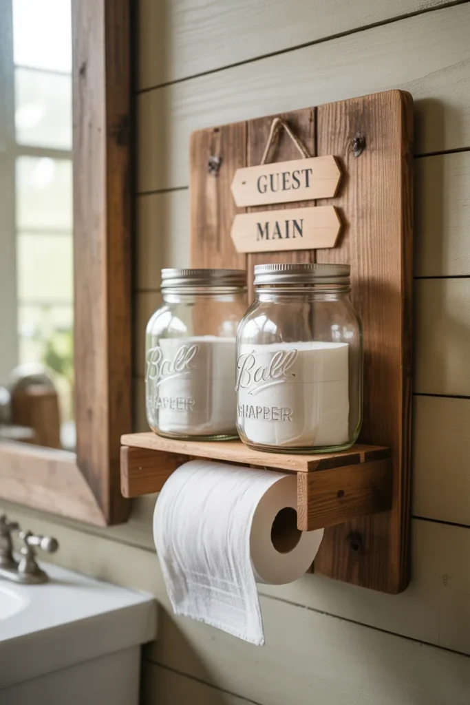 Mason jar toilet paper dispenser on wooden board