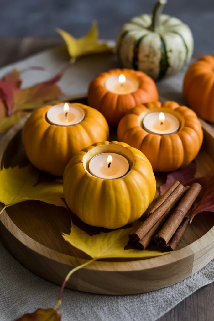 Fall DIY Home Decor Ideas to Warm Up Your Space 3 Mini pumpkins hollowed out and used as tea light candle holders