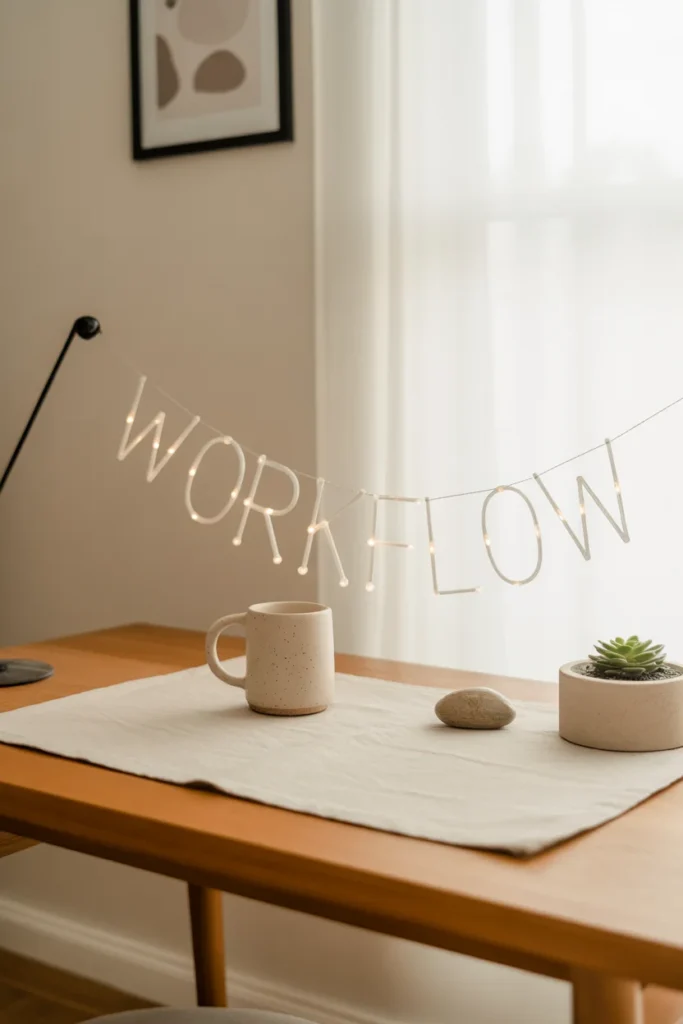 10 Unique & Simple Home Office Desk Styling Ideas 10 Minimal home office with linen desk cloth