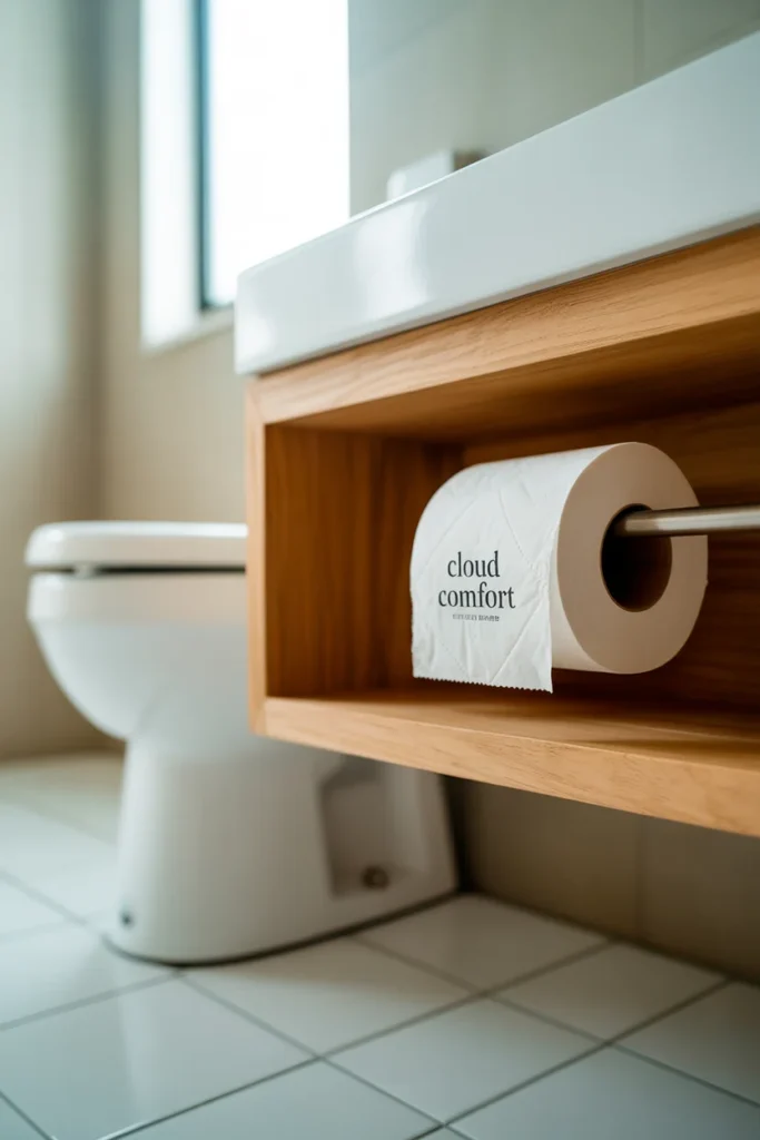 Modern floating wooden shelf with built in toilet paper holder