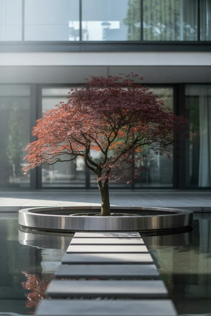Modern garden tree with circular metal edging