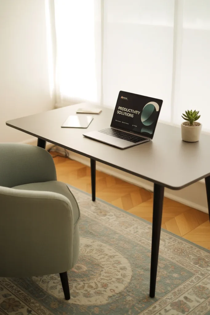10 Unique & Simple Home Office Desk Styling Ideas 8 Modern workspace with patterned rug under desk 1