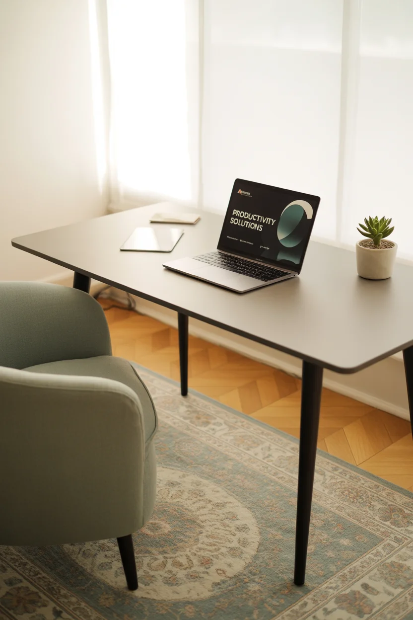 Modern workspace with patterned rug under desk