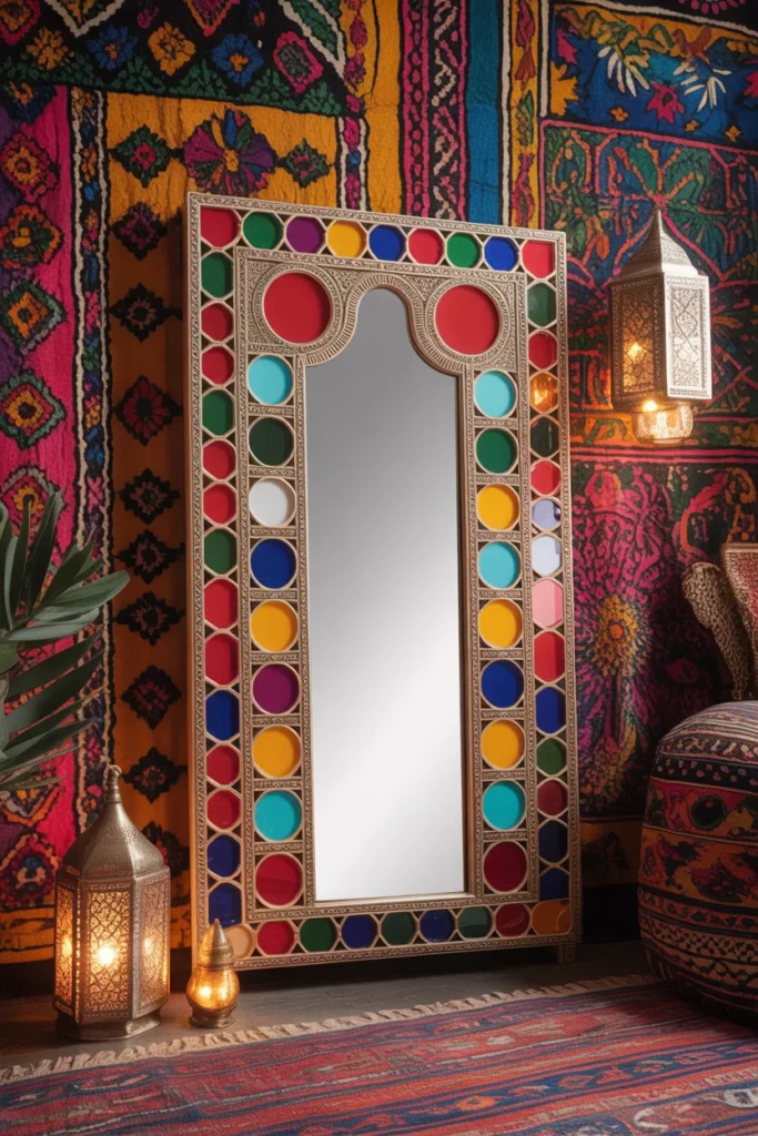11 Bohemian Mirror Wall Decor Ideas to Elevate Your Space 12 Moroccan inspired mirror with intricate geometric patterns