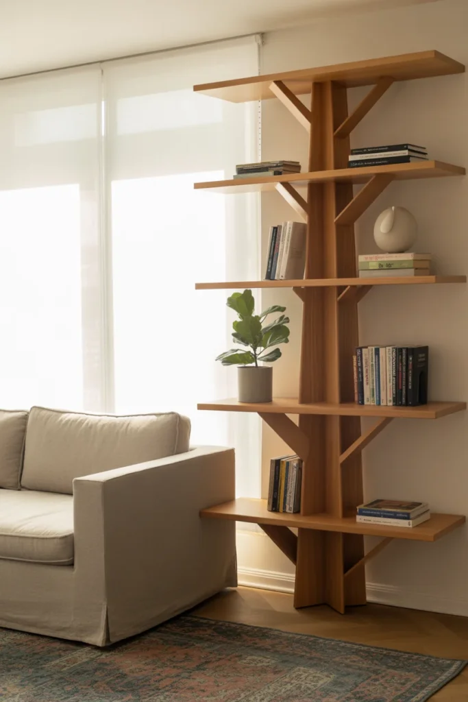 10 Modern Tree Bookshelf Wall Ideas for Cozy Scandinavian Living Rooms | Unique & Functional Design 7 Multi tiered tree bookshelf