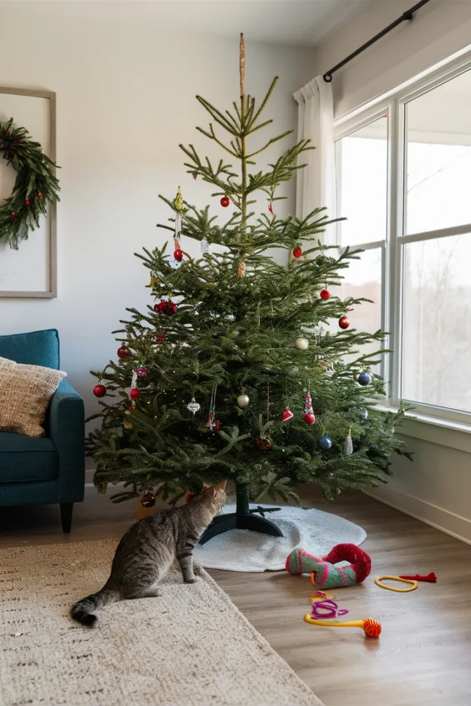 Christmas Tree Safety Tips for Pets You’ll Wish You Knew Sooner 11 Pet safe living room with a clean area around a Christmas tree