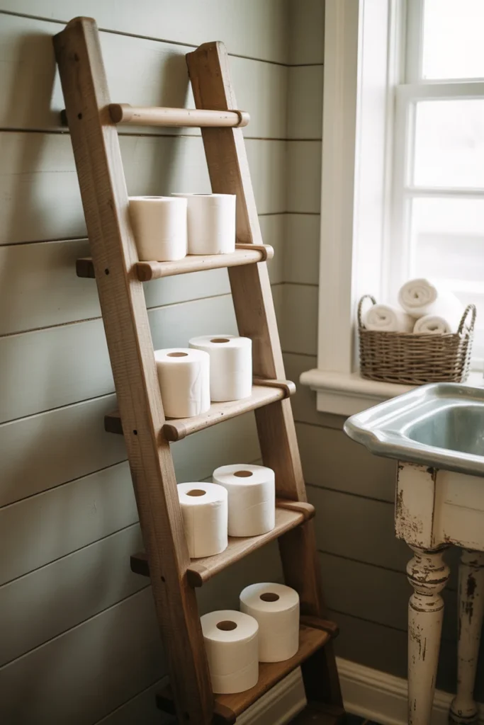 Reclaimed wood ladder toilet paper storage