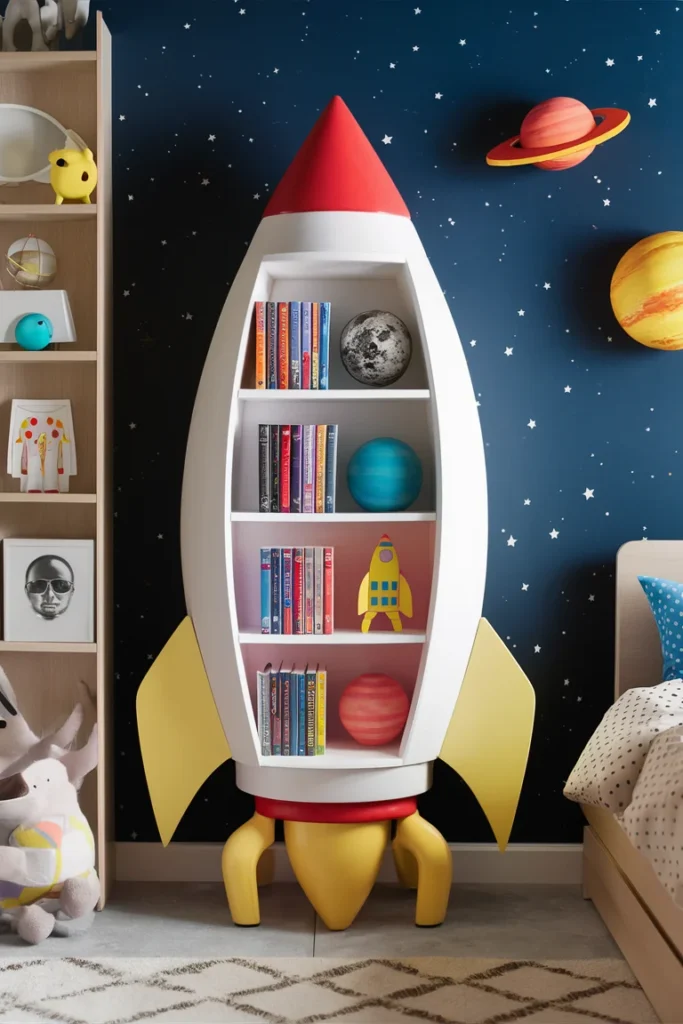 11 Whimsical Children’s Bookshelf Designs for Kids 8 Rocket shaped bookshelf for kids