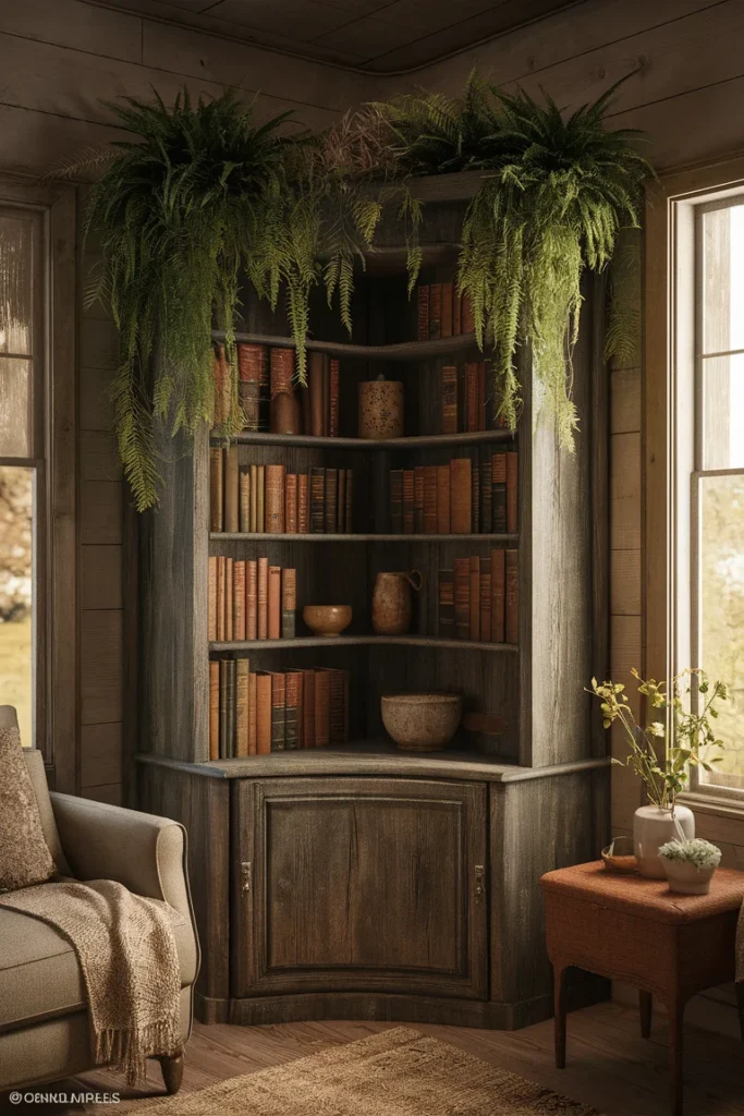10 Modern Corner Bookshelf with Plants and Books for Your Living Room 8 Rustic Wooden Shelf with Overgrown Greenery