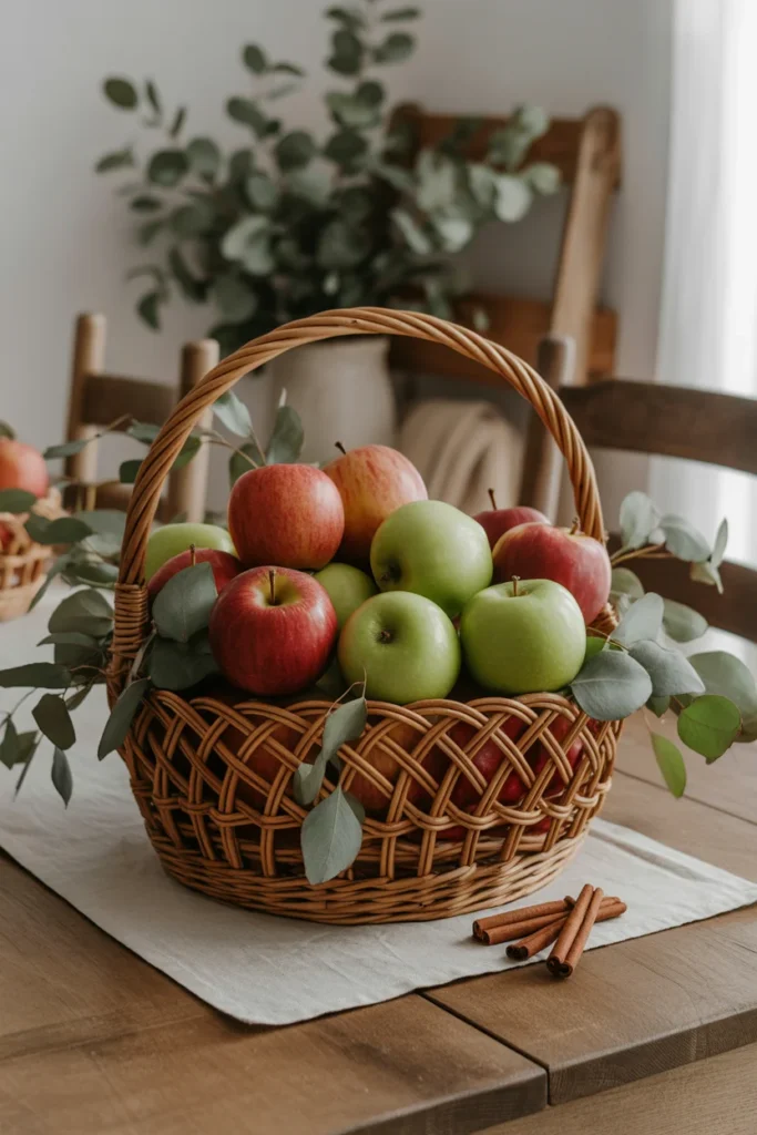 Fall DIY Home Decor Ideas to Warm Up Your Space 4 Rustic fall centerpiece with a wooden basket filled with red and green apple