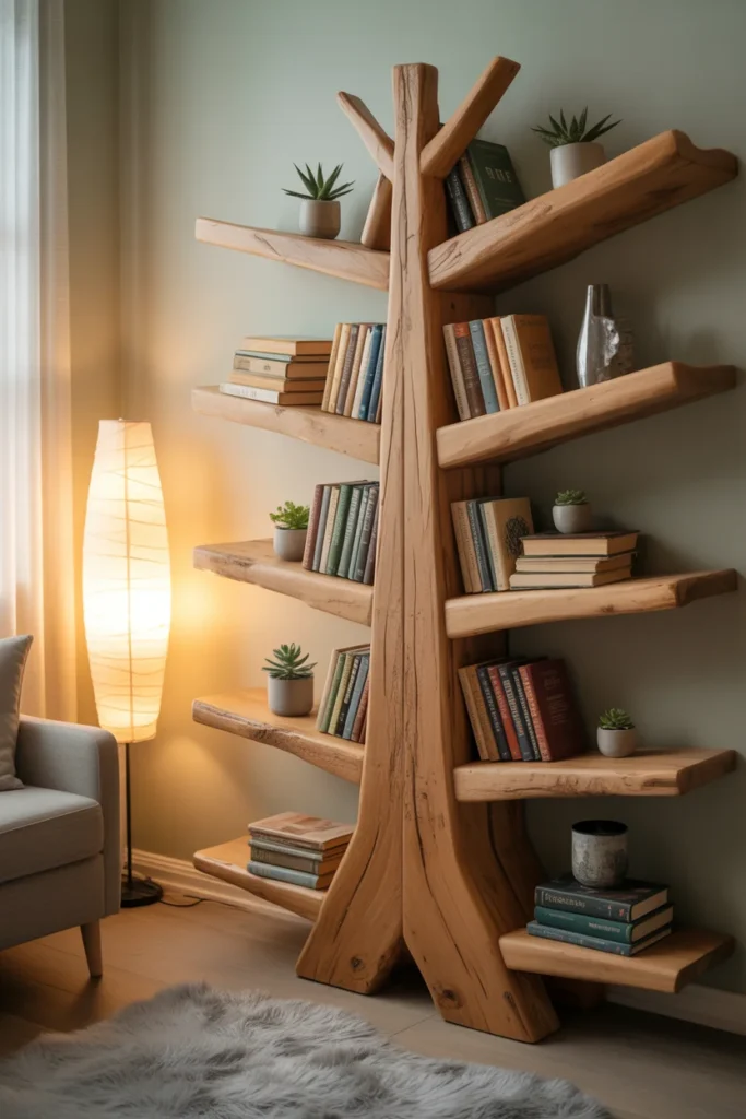 10 Modern Tree Bookshelf Wall Ideas for Cozy Scandinavian Living Rooms | Unique & Functional Design 4 Rustic tree bookshelf made from natural wood