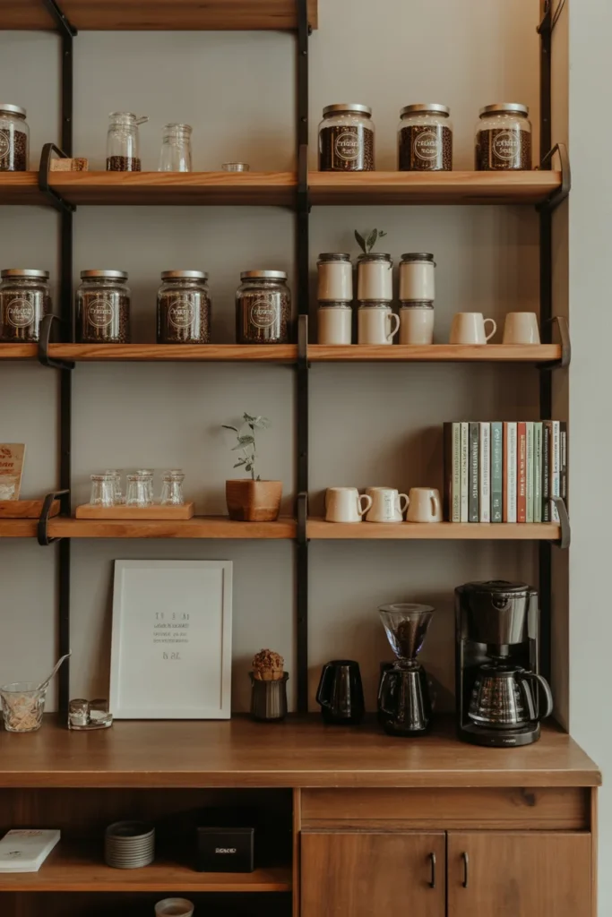 15 Aesthetic Coffee Shop Interior Ideas for Small Spaces (Modern & Cozy Looks) 8 Small coffee shop interior with rustic open wooden shelves