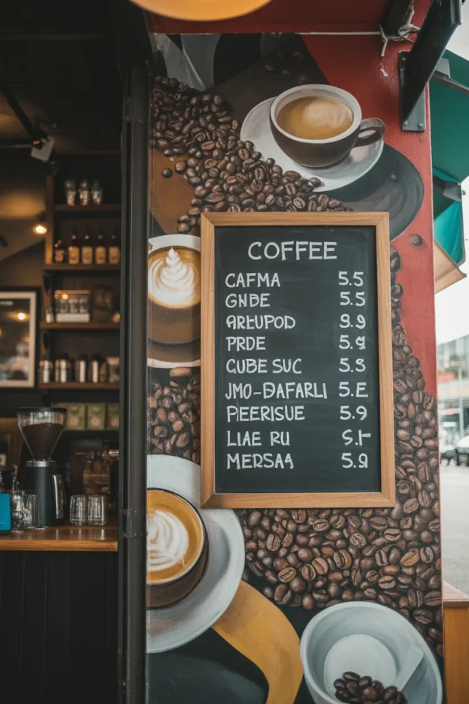 15 Aesthetic Coffee Shop Interior Ideas for Small Spaces (Modern & Cozy Looks) 7 Small coffee shop wall with artistic chalkboard menu