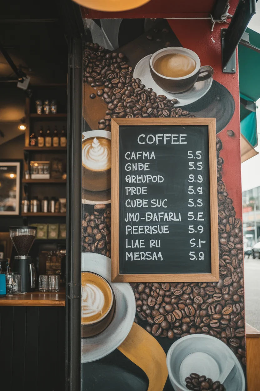 Small coffee shop wall with artistic chalkboard menu