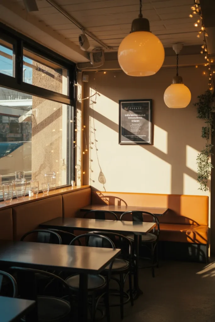 15 Aesthetic Coffee Shop Interior Ideas for Small Spaces (Modern & Cozy Looks) 6 Small cozy coffee shop interior with warm pendant lights