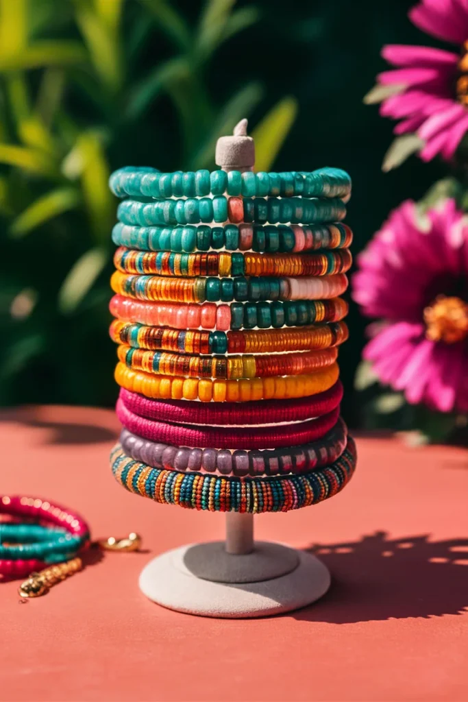 13+ Creative Beaded Bracelet Ideas to Try in 2025 | DIY Jewelry Inspiration 11 Stack of stretch beaded bracelets with vibrant colors