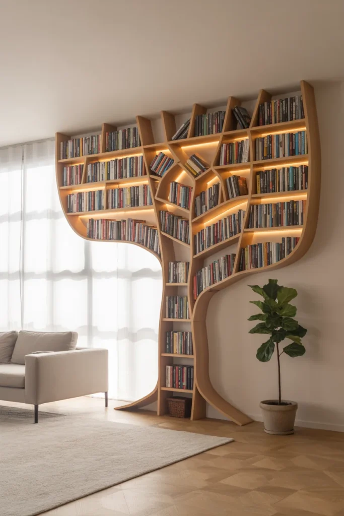 10 Modern Tree Bookshelf Wall Ideas for Cozy Scandinavian Living Rooms | Unique & Functional Design 10 Tree bookshelf with integrated LED lighting