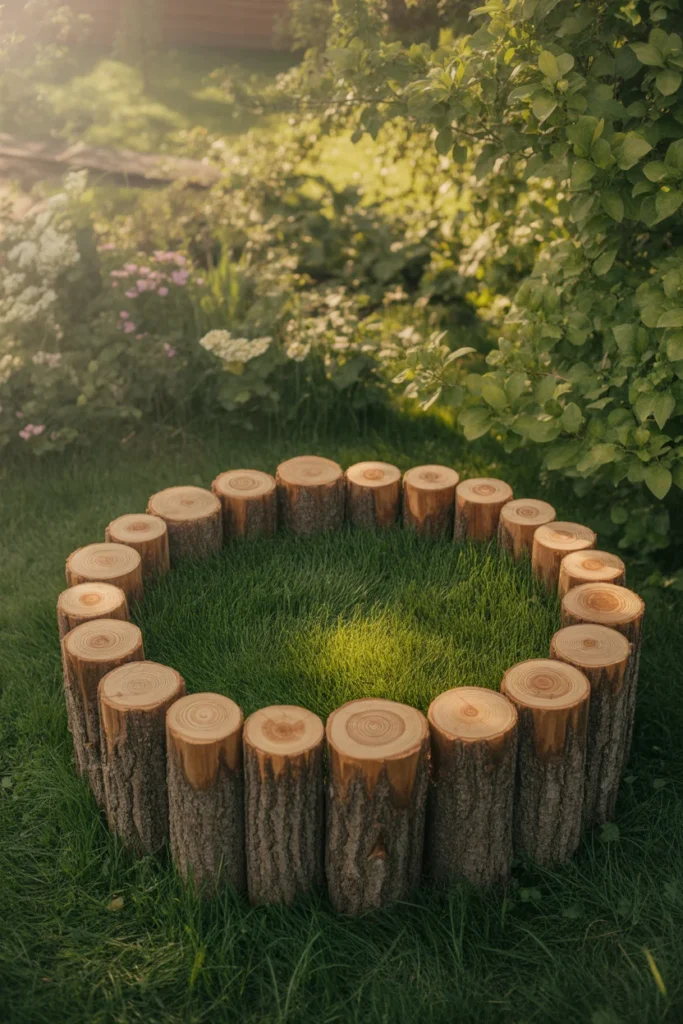 Tree ring edging made of wooden log slices