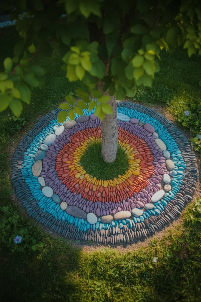 Tree ring made of multicolored gravel and pebbles