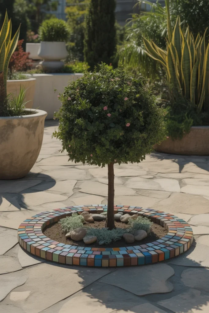 Tree surrounded by a circular edging made of colorful mosaic stones