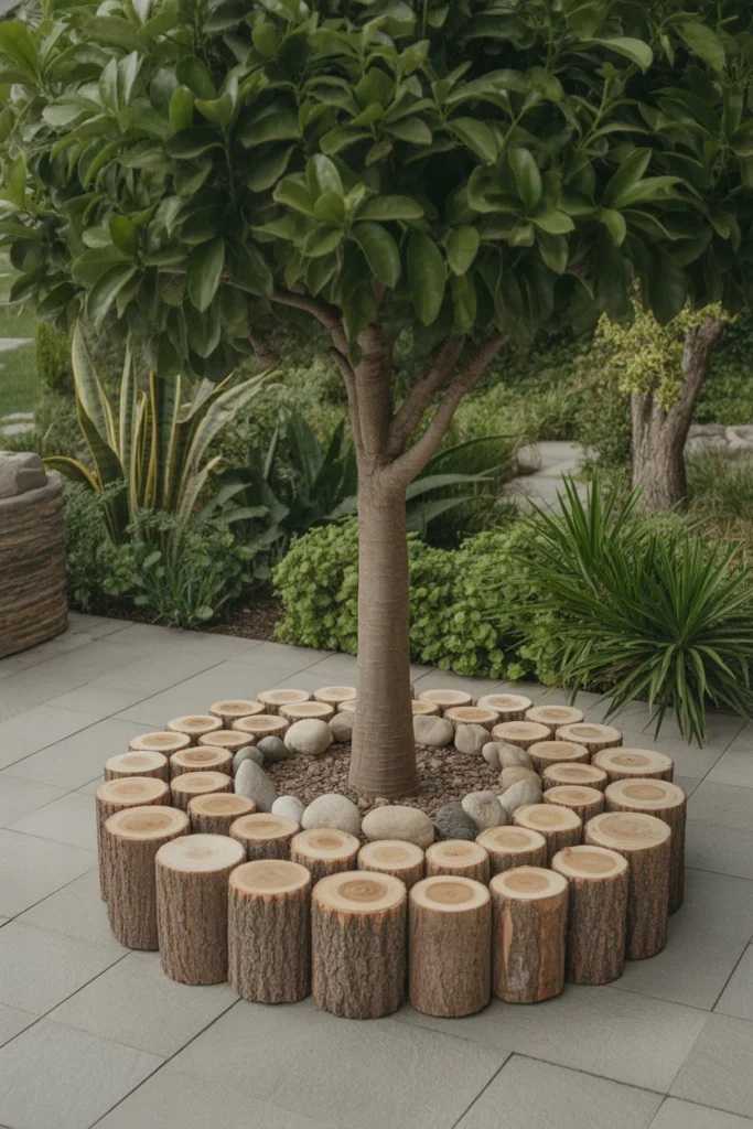 Tree surrounded by a circular edging made of wooden log