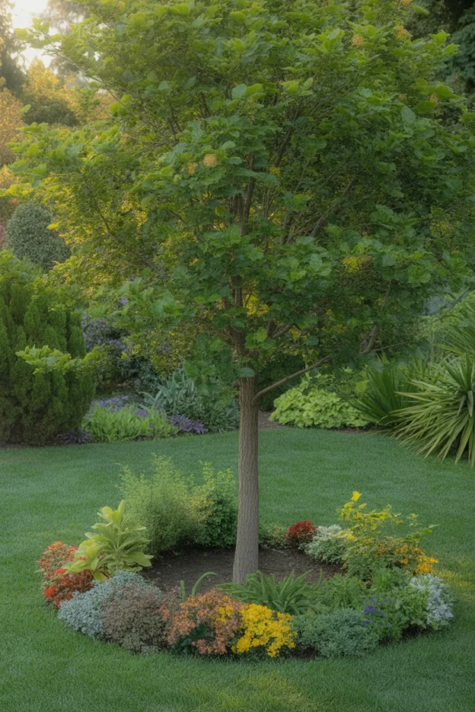 Tree surrounded by a circular living tree ring made of small shrubs