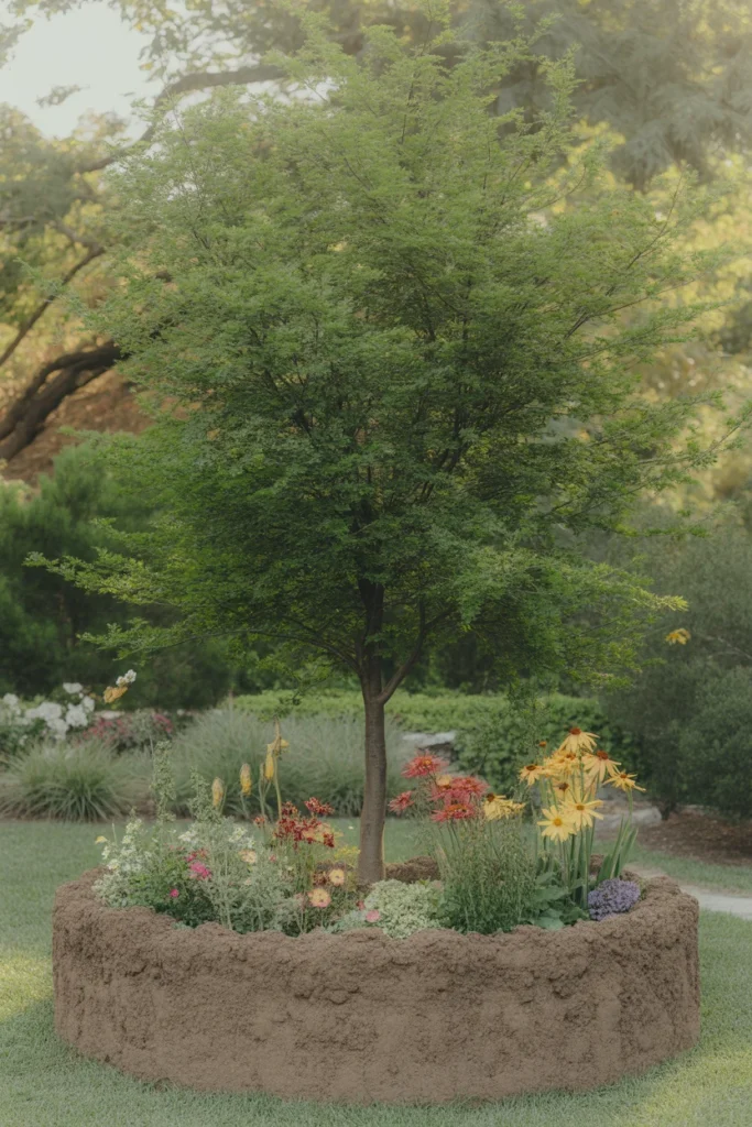 Tree surrounded by a raised soil bed filled with colorful flowers