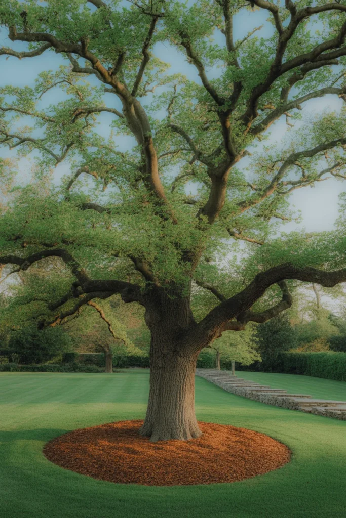 Tree surrounded by brown mulch