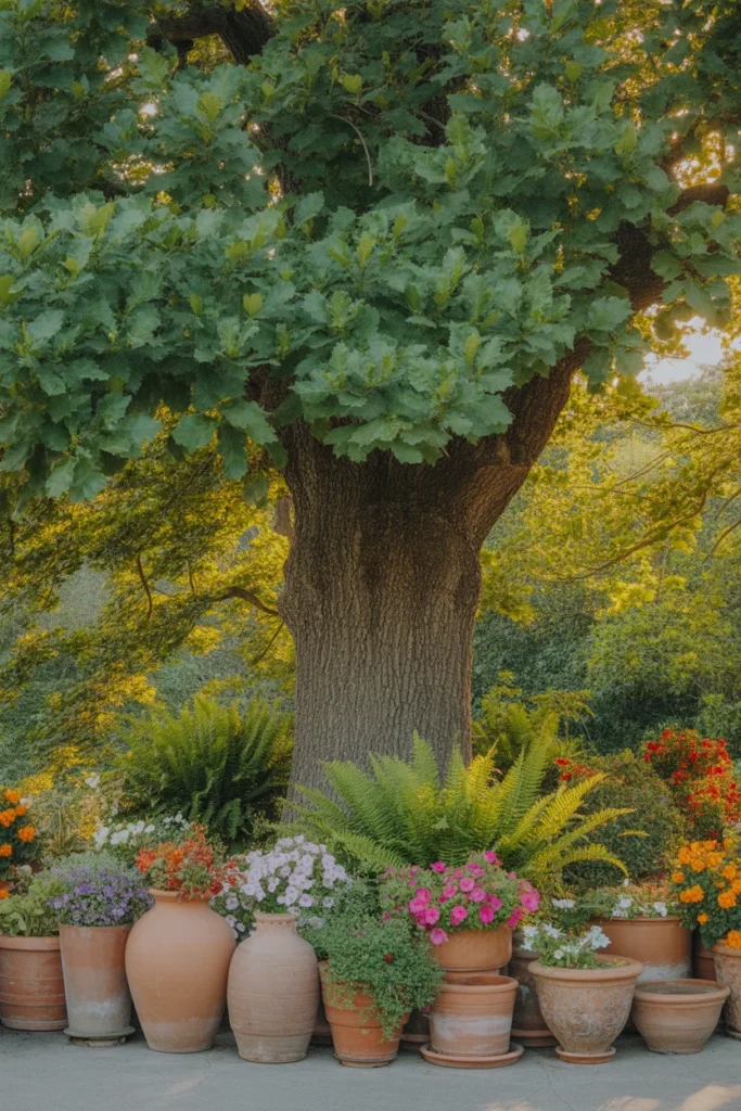 Tree surrounded by cut terracotta pots used as edging