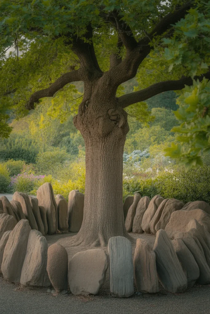 Tree surrounded by natural stones of different shapes and sizes