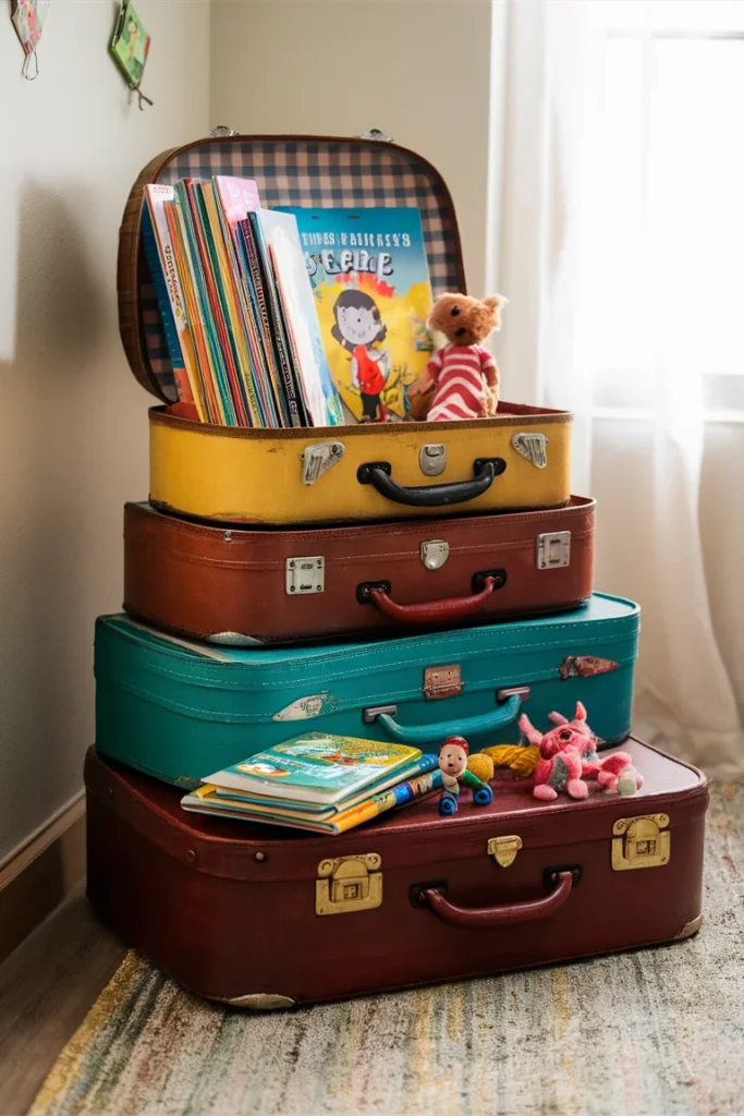 11 Whimsical Children’s Bookshelf Designs for Kids 11 Vintage suitcase bookshelf