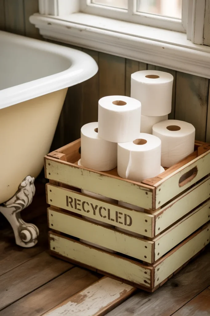 Vintage wooden crate toilet paper storage