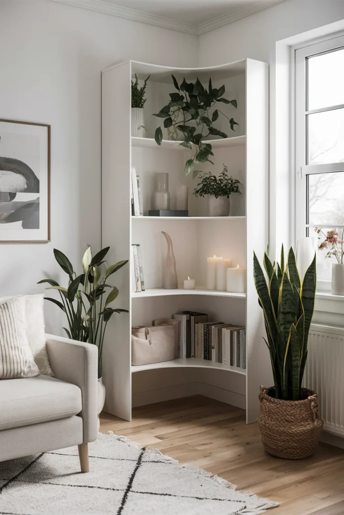 10 Modern Corner Bookshelf with Plants and Books for Your Living Room 6 White Corner Shelf with Neutral Decor Plants