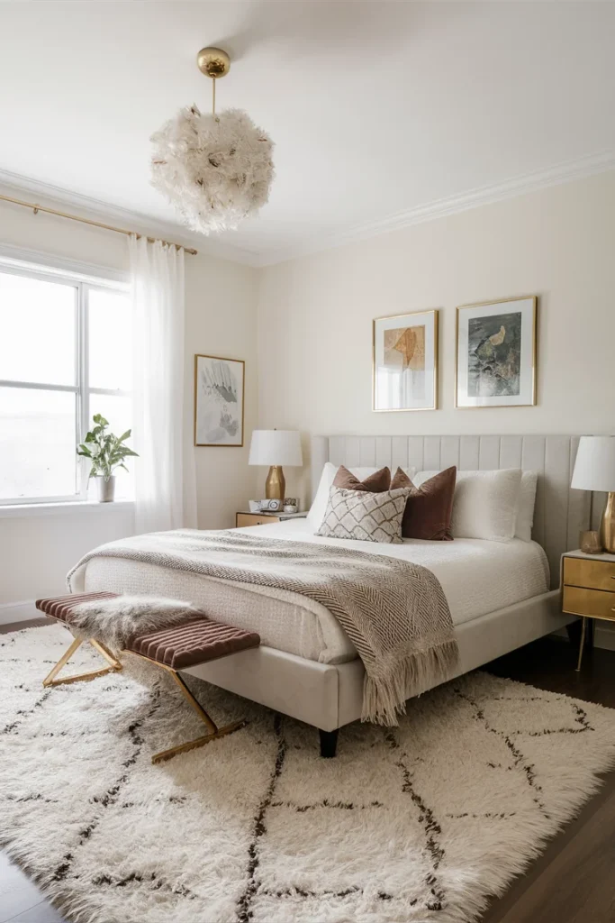 30 Aesthetic and Cute Bedroom Decor Ideas for Inspiration 3 a chic bedroom with a fluffy white rug m k0pM z93Tc2JOLq3b6dzWw 17B1UjCcT1WGwDA OWXVQg