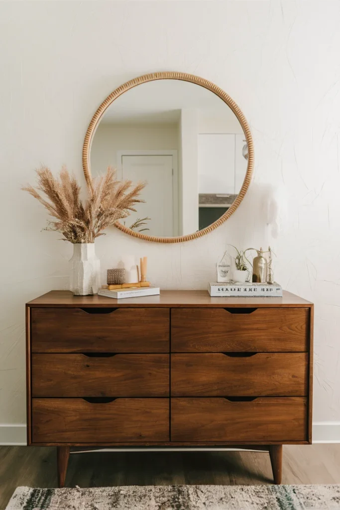 30 Aesthetic and Cute Bedroom Decor Ideas for Inspiration 10 a round boho mirror above a wooden dress xMp8koPlQ2alWoGGBT DdQ SK 9r6DnRIGJTt9s1 saGg