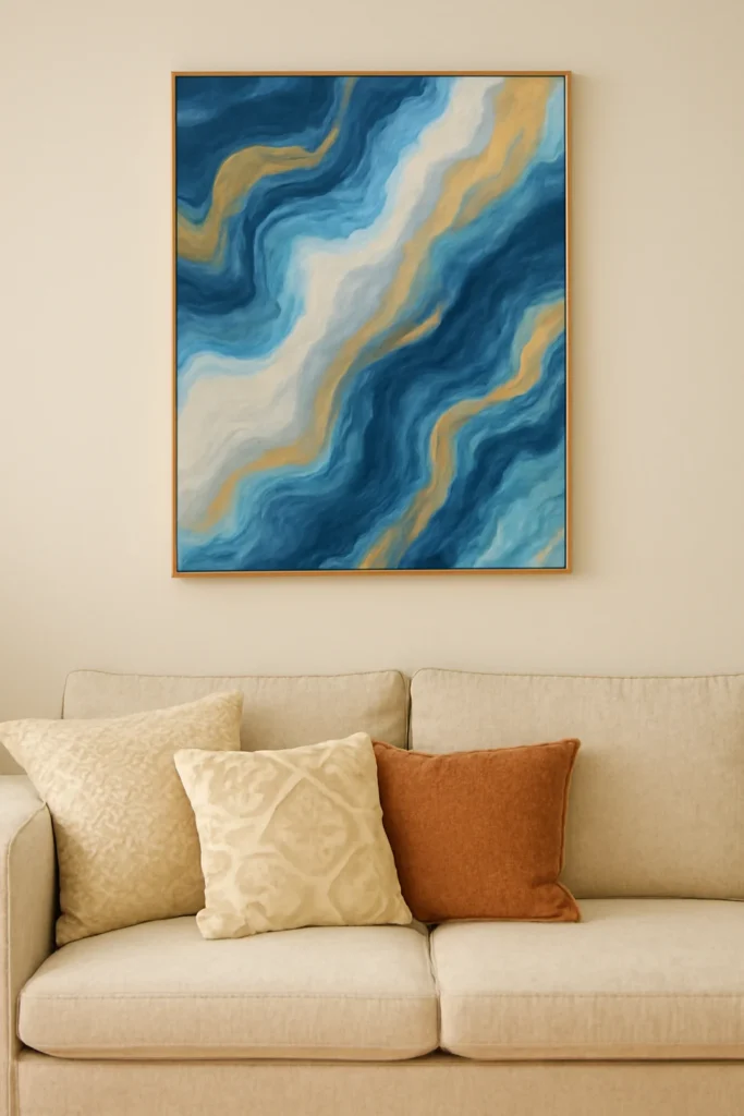 10 DIY Wall Decor Ideas Under $20 6 an abstract painted canvas with blue and gold swirls